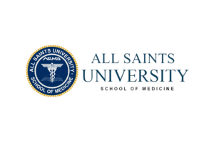 Logo ASU Logo of All Saints University, School of Medicine. Features a circular blue and gold seal with a caduceus and an open book, alongside the university name in large serif font